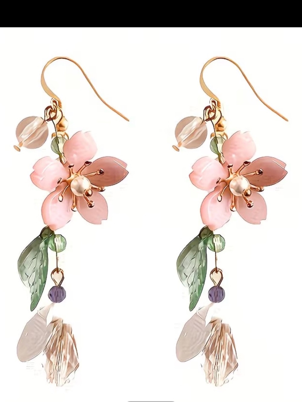 Blush Pink Floral Drop Earrings with Leaf & Bead Accents